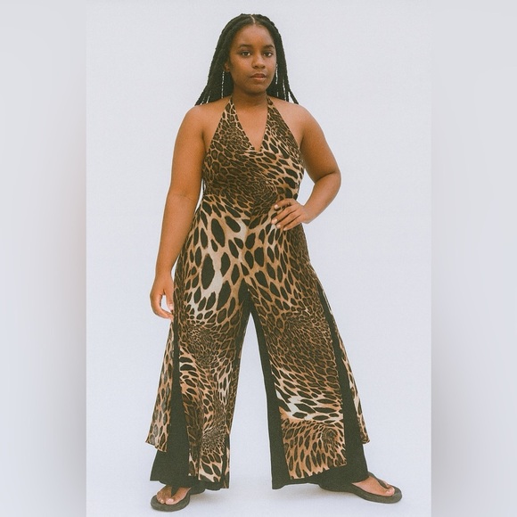 Cache vintage leopard print wide leg halter jumpsuit size 6 90s Y2K mobwife - Picture 1 of 10